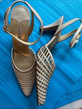 Ann Marino Metallic Gold Strappy Pointed Slingback Heels